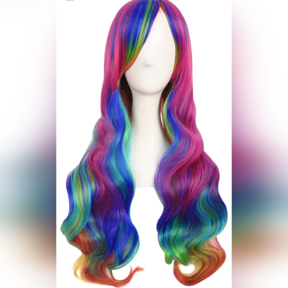 New beautiful Lolita cosplay bangs Wavy Curly Pastel Rainbow 28" long wig - Picture 3 of 3